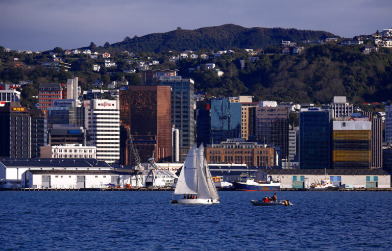 FILE PHOTO: A sailing boat can be seen in front of the central business district of Wellington in New Zealand